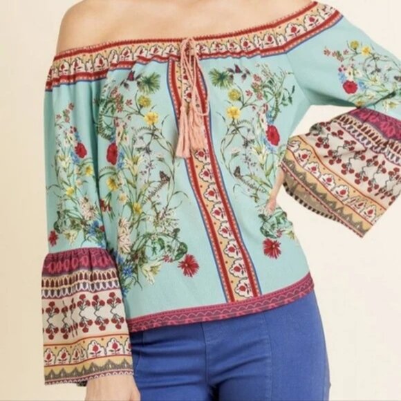 Umgee Floral Off the Shoulder Boho Blouse Bell Sleeves Top Sz M NWT - Picture 1 of 9
